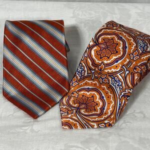 WH Belk Countess Mara 100% Silk Tie Lot of 2 Orange Blue Striped Paisley
